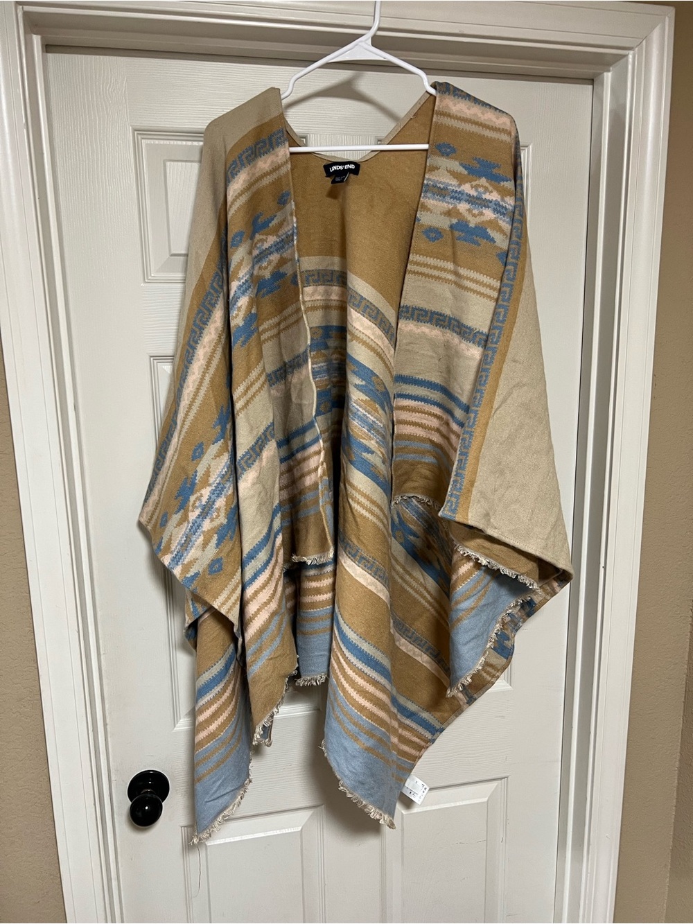 Lands' End Beige and Light Blue Southwestern-Pattern Cape